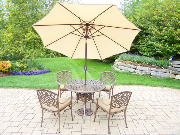 Picture of Elite Mississippi Cast Aluminum 7 Pc. Dining set with 4 Cushioned Stackable Chairs, 42-inch Round Table, 9 ft. Tilt & Crank Metal framed Umbrella, and Metal Stand - Antique Bronze