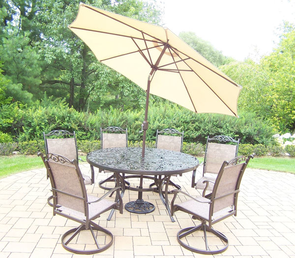 Mississippi Cascade Aluminum 9 Pc. Dining set with 60 inch Interchangeable Round Table 6 Swivel Rockers 9 ft. Tilt Crank Metal framed Umbrella