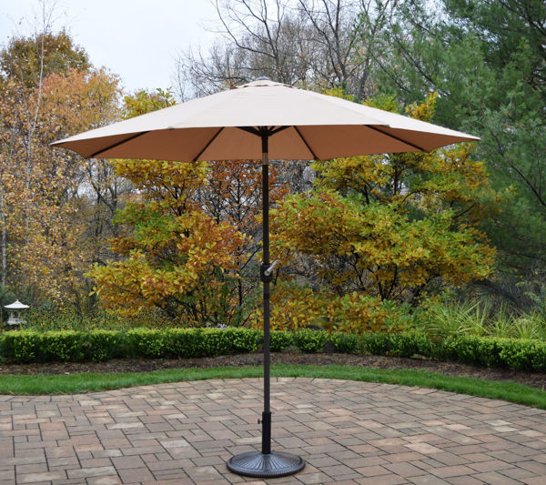 Picture of 9 ft. Metal Framed Umbrella with Crank plus Tilt system and Heavy Duty Poly Resin Stand - Champagne color Top / Brown Pole/Antique Black Stand